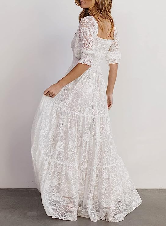 white wedding dress casual lace foral boho dress